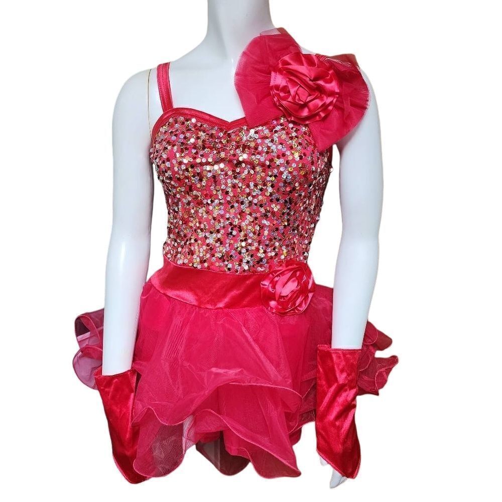 Weissman Pink Sequin & Mesh Dance Costume, Gloves, & Hair Bow (XL) - Picture 2 of 5